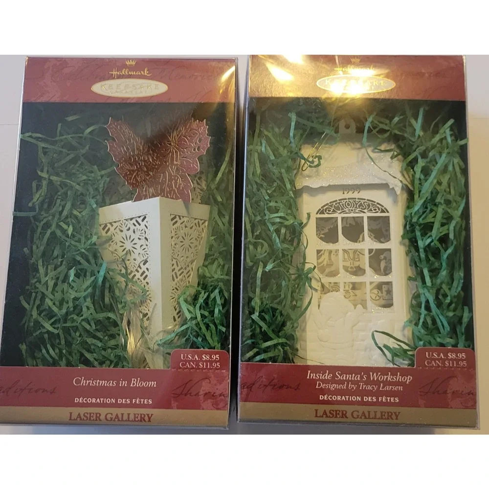 2 Hallmark 1999 Laser Gallery Inside Santa's Workshop & Xmas in Bloom Orig Boxes